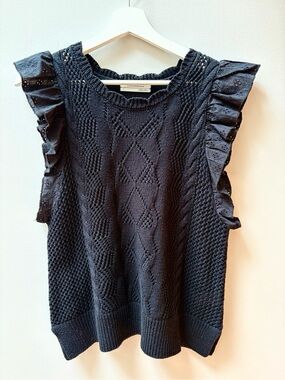 Anthopologie black cotton Ruffle-Sleeve Knit Top - Women